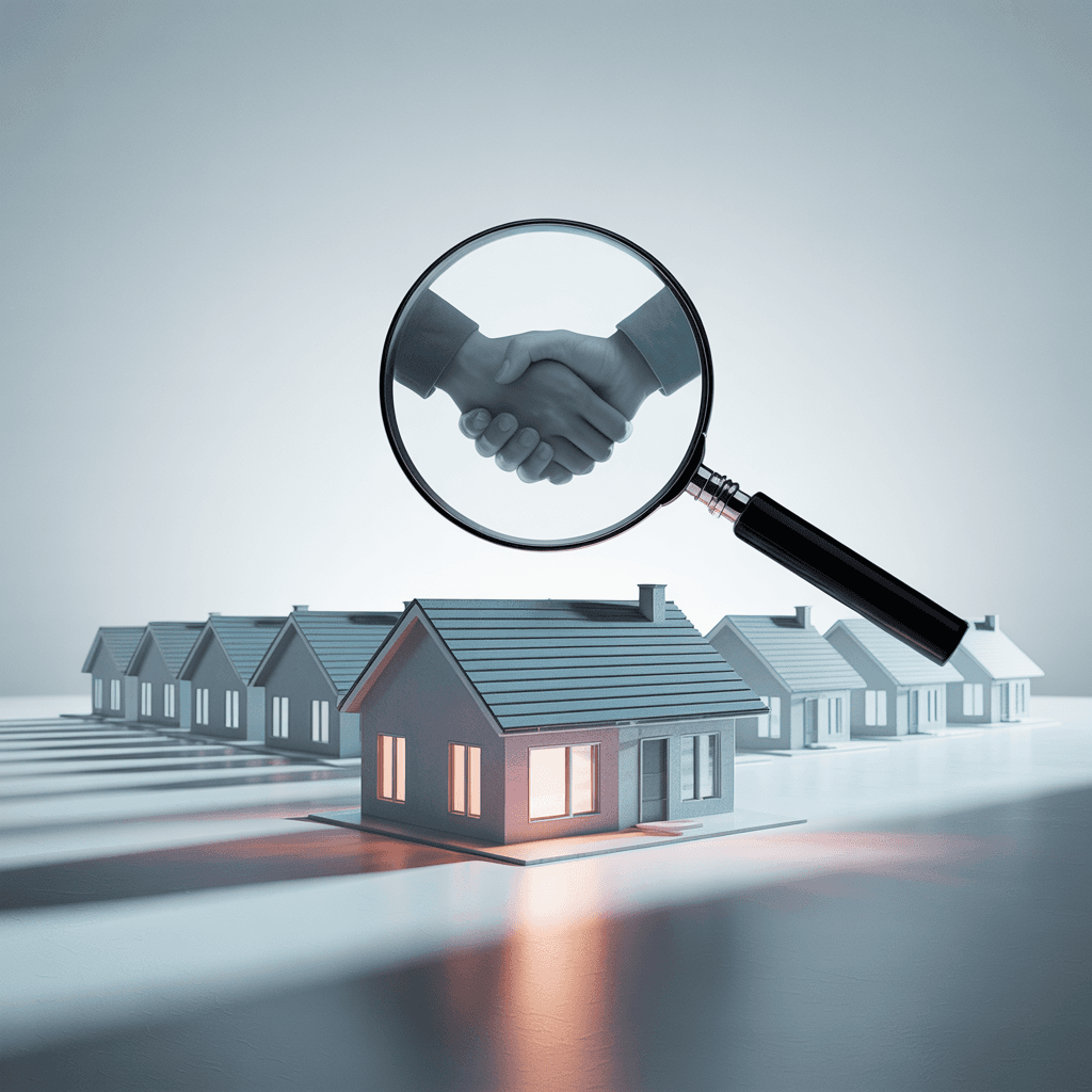 Magnifying glass over a home with a handshake representing pre-emptive offer strategy