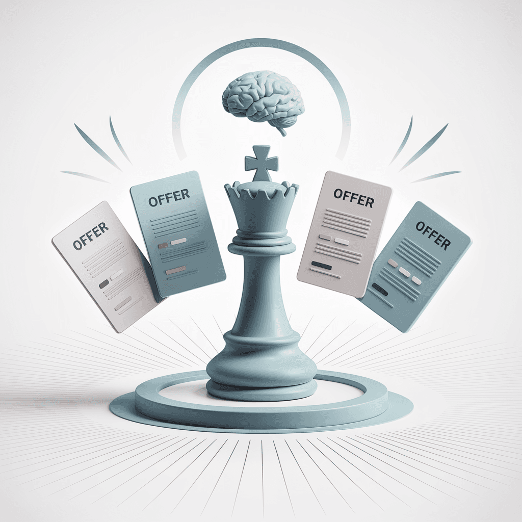 Chess king with brain and competing offer cards representing multiple offer mastery
