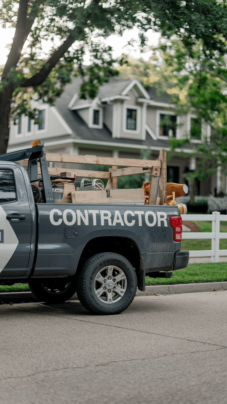 Contractor truck parked in a residential neighborhood